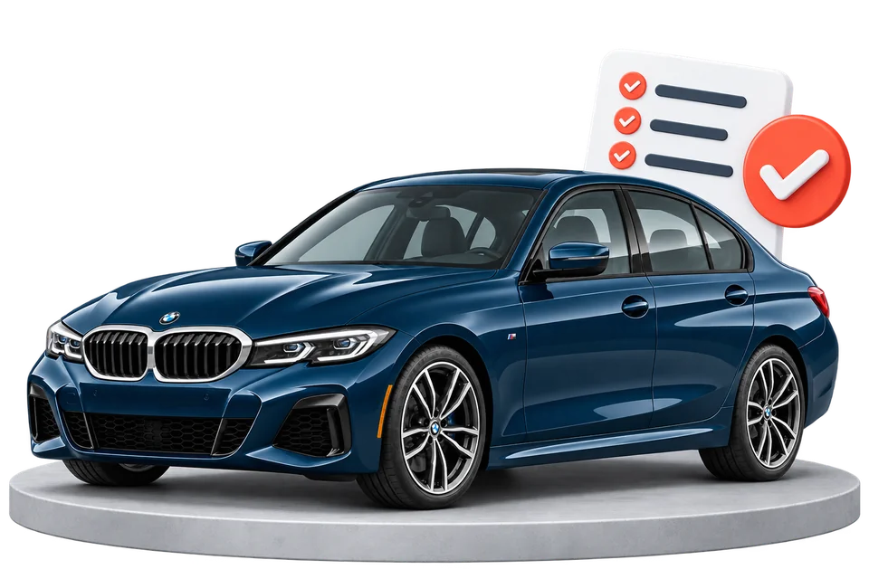 Blauer BMW auf einer Plattform neben einer Prüfliste