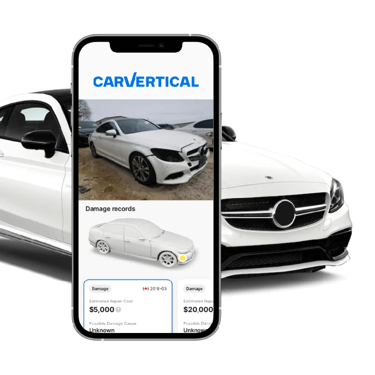 Illustration eines carVertical-Schadensberichts und eines Autos